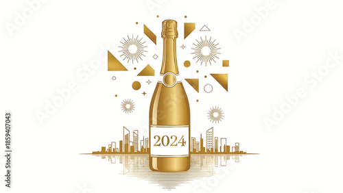 A golden champagne bottle, skyline, and celebratory shapes mark the new year. The 2024 label symbolizes the upcoming events