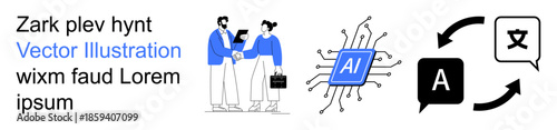 Artificial intelligence, language translation, global communication, business interaction, digital tools, automation. Professionals shaking hands, AI chip and translation icons. AI and language