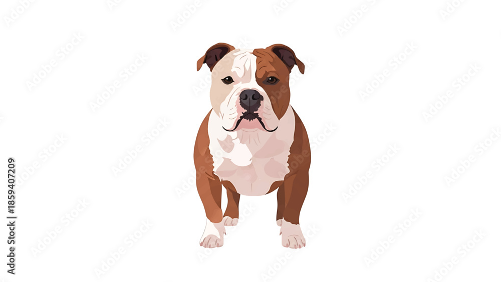 Obraz premium A frontal illustration of a bulldog in a simple style, with white and brown colors and textured appearance. The canine stands on a white background
