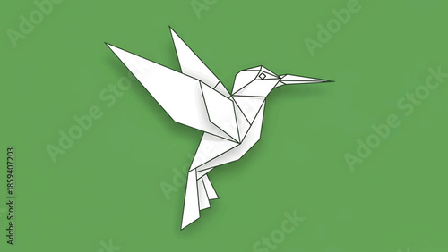 A geometric illustration presents a hummingbird composed of white origami on a textured green backdrop. It appears to be in flight