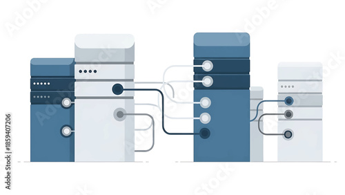 A graphic illustration showcasing interconnected server stacks with cables in shades of blue and gray against a white background