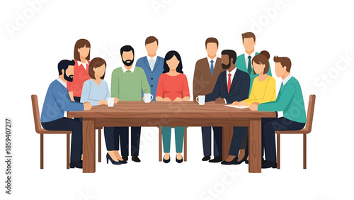 A group of diverse people sit around a wooden table, likely engaged in a meeting or discussion. They are wearing various outfits