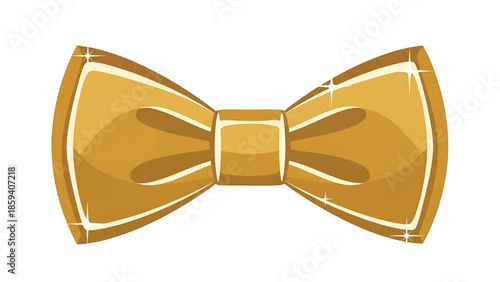 A golden, decorative bow tie, rendered in a shiny, cartoon style, set against a pristine white background. The bow tie has subtle textured detailing