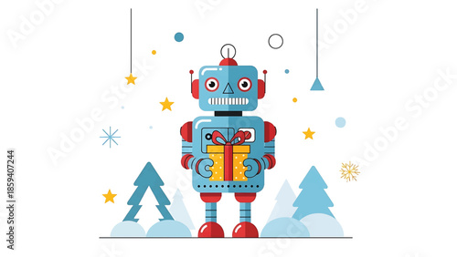 A friendly robot, holding a gift, stands amidst winter elements. Stars, snowflakes and trees decorate the scene, evoking feelings of joy and celebration