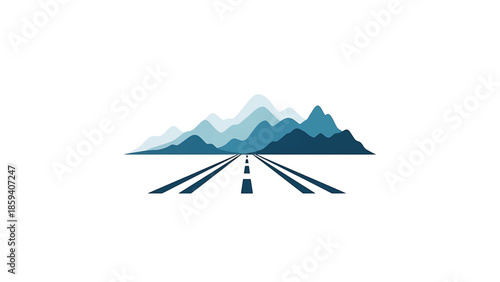 A graphic illustration shows a road leading towards a mountain range. The mountains are depicted in shades of blue. The road is straight and centered