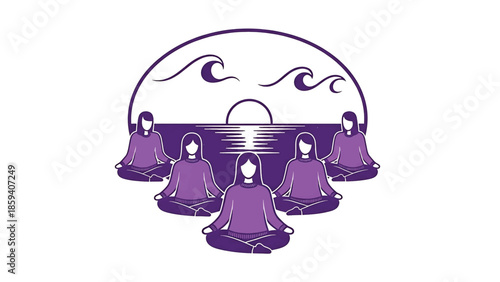 A group of figures meditating in a circle, with a scenic backdrop of the ocean, waves, and sun, all within an arc