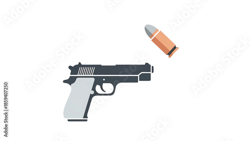 A graphic illustration shows a pistol and a bullet, suggesting themes of violence, crime, and security. The design is simple and modern