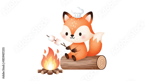 A friendly fox, wearing a chef's hat, roasts marshmallows over a campfire. The fox sits on a log, ready to enjoy the treat