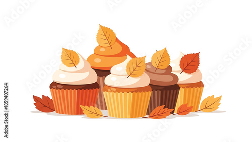 A group of five cupcakes with varying frosting and cupcake colors are decorated with autumnal leaves on a white background
