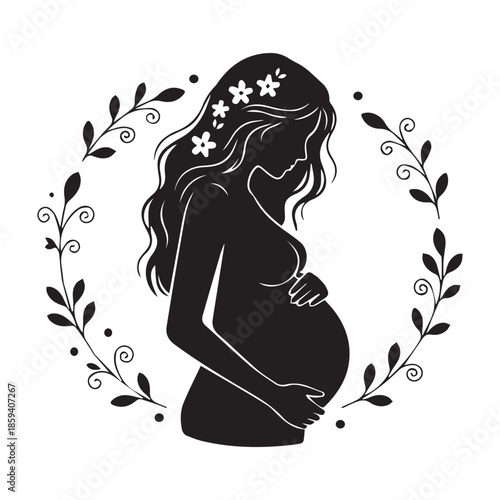 Elegant silhouette of a pregnant woman adorned with a floral wreath