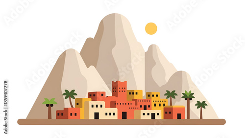 A geometric illustration presents a village nestled against mountains with palm trees and a bright sun in a simplified style