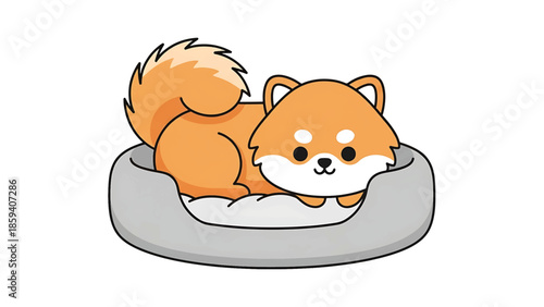 A friendly cartoon depiction of a Shiba Inu dog nestled comfortably in a gray dog bed. The image is clean with simple lines and soft colors