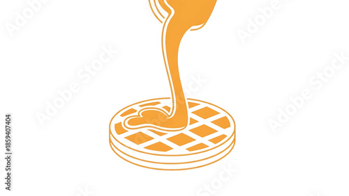 A golden, graphic illustration depicts a waffle being drizzled with a rich sauce. The illustration is minimalist in style