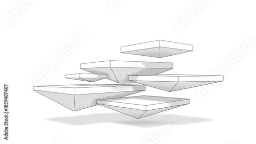 A geometric illustration showcases stacked, floating, stylized platforms or planes against a white background with a single shadow. The minimalist art evokes abstract form