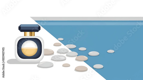 A fragrance bottle is displayed next to a pool with stones. The design is elegant, evoking a sense of calm and luxury. The background is simple