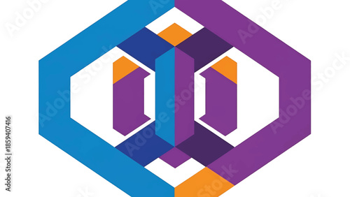 A geometric illustration featuring interconnected shapes in shades of blue, purple, orange, and white. The design forms a centralized pattern