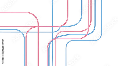 A geometric illustration featuring intertwined pink and blue curved lines on a stark white background. The lines intersect
