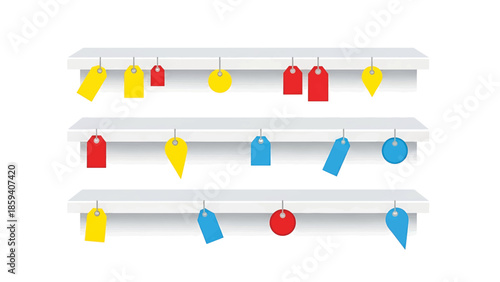A graphic shows three shelves with tags in various shapes and colors hanging from them. They are hung from the underside