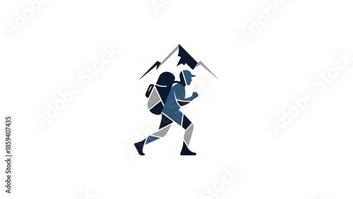 A geometric illustration shows a person hiking with a backpack beneath mountains. The hiker is in motion. The image uses shades of blue, gray, and white
