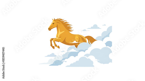 A golden horse leaps through fluffy, light blue clouds, illustration on a stark white background with a retro graphic design style