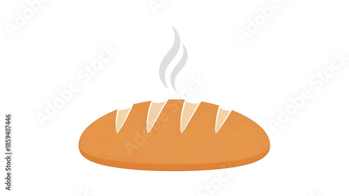 A freshly baked loaf of bread, emanating steam, against a white background. The image depicts a close-up of the bread