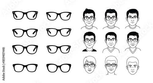 Eight different male face sketches with glasses in a black and white style