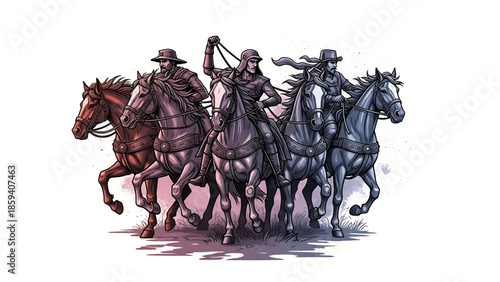 A group of five riders on horses with different skin tones riding forward in a digitally painted style with vibrant colors