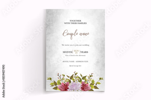 WEDDING INVITATION FRAME WITH FLOWER DECORATIONS AND FRESH LEAVES