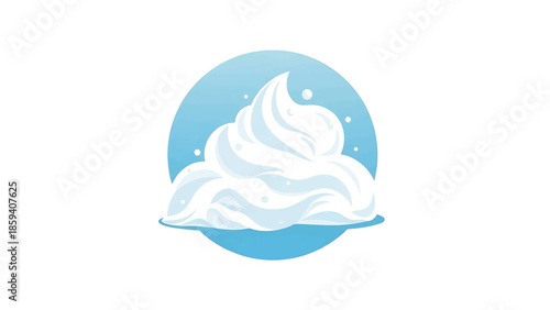 A fluffy, white confection sits atop a light blue, circular background. Small white dots surround the delicious treat