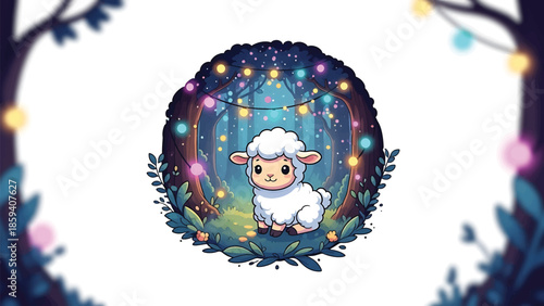 A fluffy, white sheep stands in a magical forest clearing adorned with glowing fairy lights, nestled in a ring of foliage