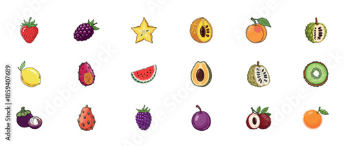 Colorful variety of exotic and common fruits on white background