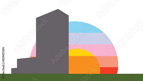 A geometric illustration of a building partially obscuring a colorful, layered semi-circle, with a green ground
