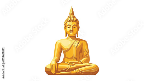 A golden, serene statue of a seated figure in a meditative pose. The figure is depicted with fine details, emanating peace