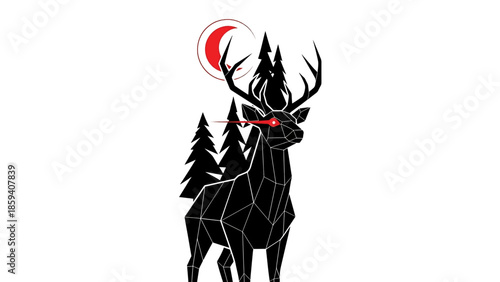 A geometric stag design features a silhouette of a deer with antlers, surrounded by pine trees, a red crescent moon, and an eye beam