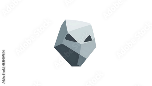 A geometric, stylized shape resembling a mask or face, presented in shades of gray. The form suggests a faceted, abstract aesthetic