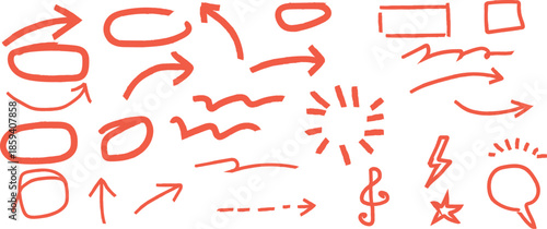 A collection of hand drawn red and orange arrows and shapes on a white background