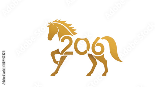 A golden stylized horse leaps gracefully, its form integrated with the numbers "206". The design has a subtle textured effect against a clean white background