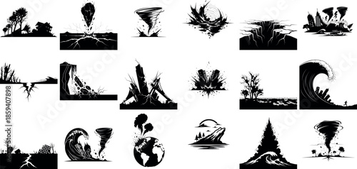 Collection of Natural Disasters Icons in Black and White