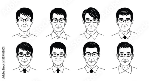 Eight different male face sketches with glasses in a black and white style