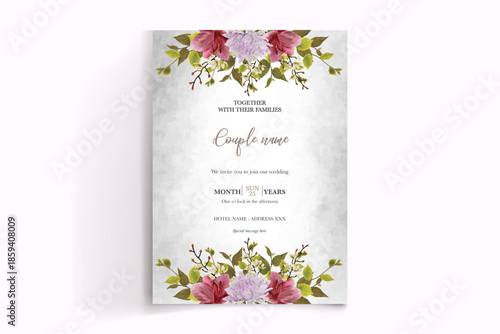 WEDDING INVITATION FRAME WITH FLOWER DECORATIONS AND FRESH LEAVES
