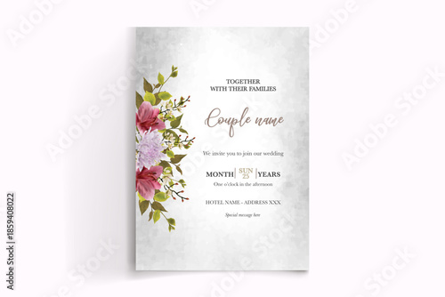 WEDDING INVITATION FRAME WITH FLOWER DECORATIONS AND FRESH LEAVES