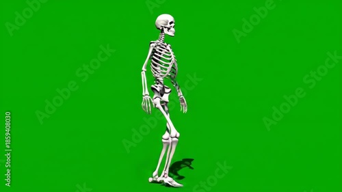 Human Skeleton Walking Animation on Green Screen Background for Chroma Key.