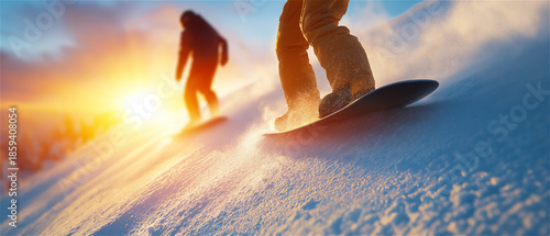 Snowboarders carving down a snowy slope at sunset, low angle action shot with glowing sun. Winter sports adventure, freedom, travel, and outdoor lifestyle concept.