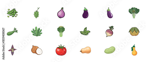 Collection of various vegetables: peas, eggplants, tomatoes, and more
