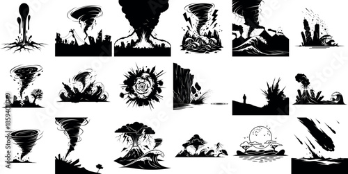 Collection of Black and White Natural Disasters and Weather Illustrations