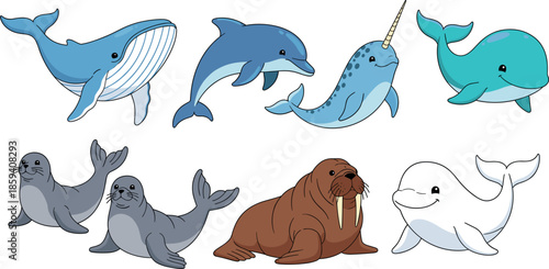 Cute Cartoon Set of Marine Mammals Including Whale Dolphin Narwhal Seal and Walrus