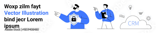 Cybersecurity, CRM platforms, data protection, cloud technology, marketing analytics, communication. Two people interacting with lock shield, documents CRM cloud icons. Cybersecurity and CRM