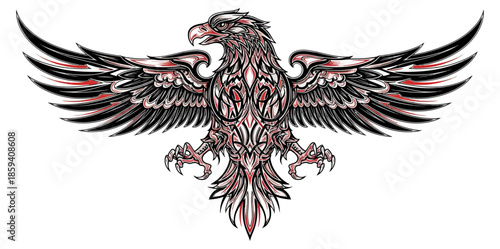 Detailed eagle illustration with outstretched wings against a black backdrop