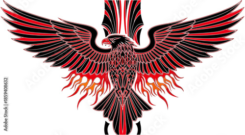 Eagle design with wings and flames illustration on black background