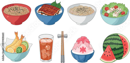 Vector Illustration Set of Japanese Food Including Ramen Unagi Tempura and Shaved Ice